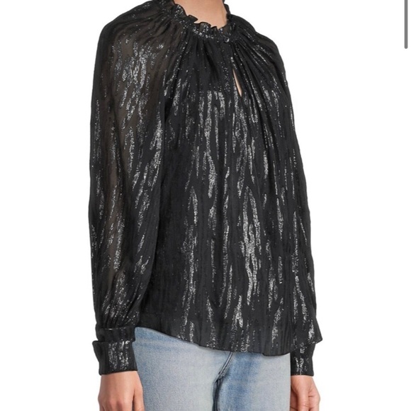 Rebecca Taylor Revolve Shirt Safari Metallic Ruffle Silk Blouse in Black - Picture 5 of 13